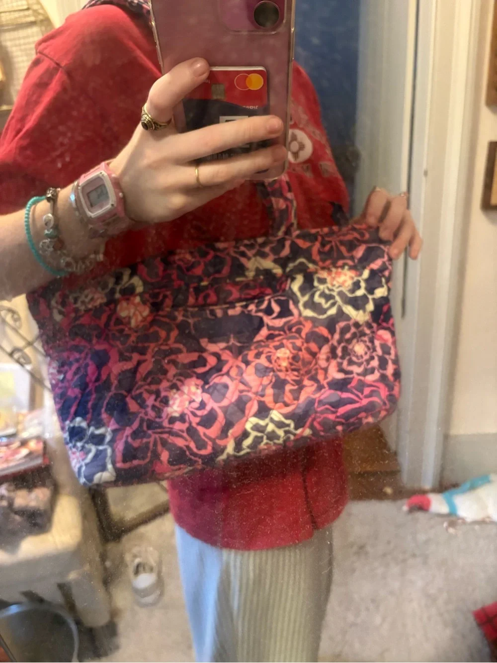 Vera Bradley Navy, Pink & Cream Quilted Floral Cosmetic Case